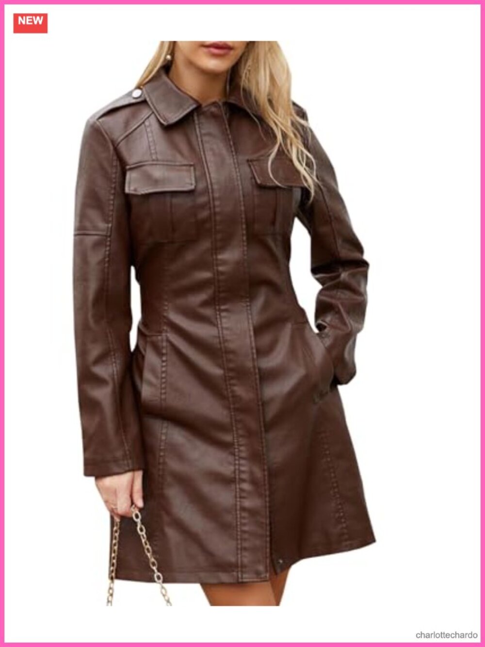 Faux PU Leather Trench Coat Long Sleeve Zip Up Belted Overcoat